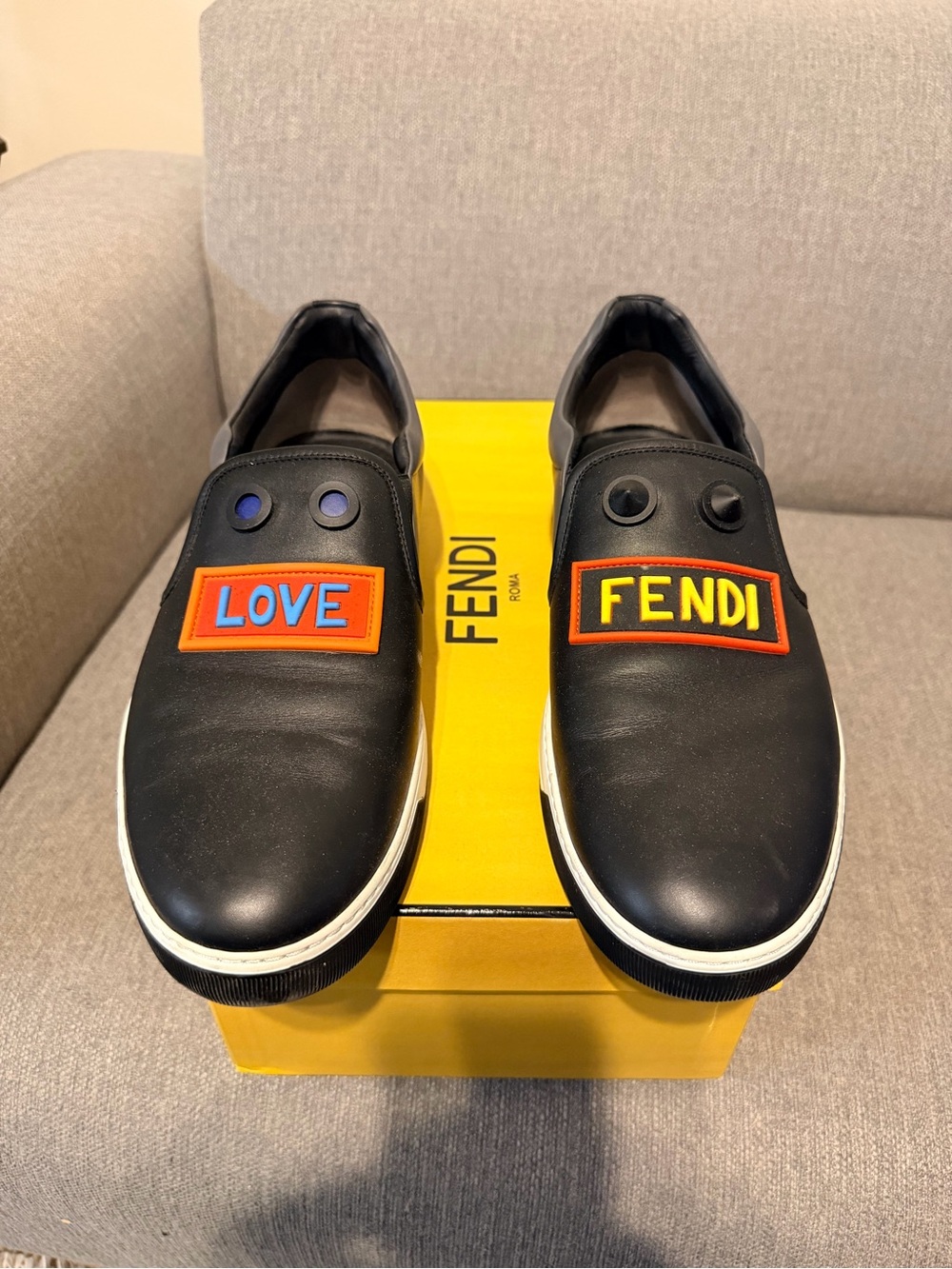 Fendi Black Leather Slip-On Sneakers with Colorful LOVE and FENDI Patches